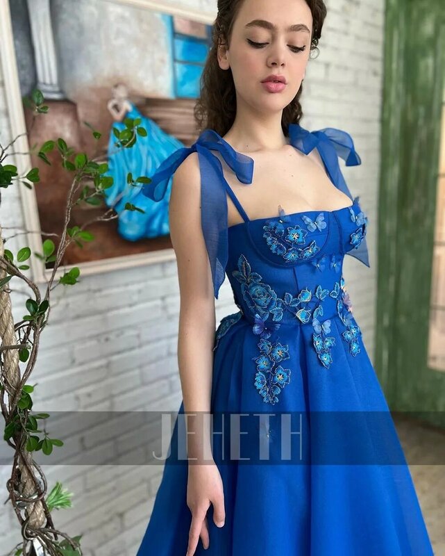 JEHETH Royal Blue Organza Prom Dress Bow Straps Butterfly Appliques 발목 길이 A-Line Square Neck Formal Party 이브닝 가운