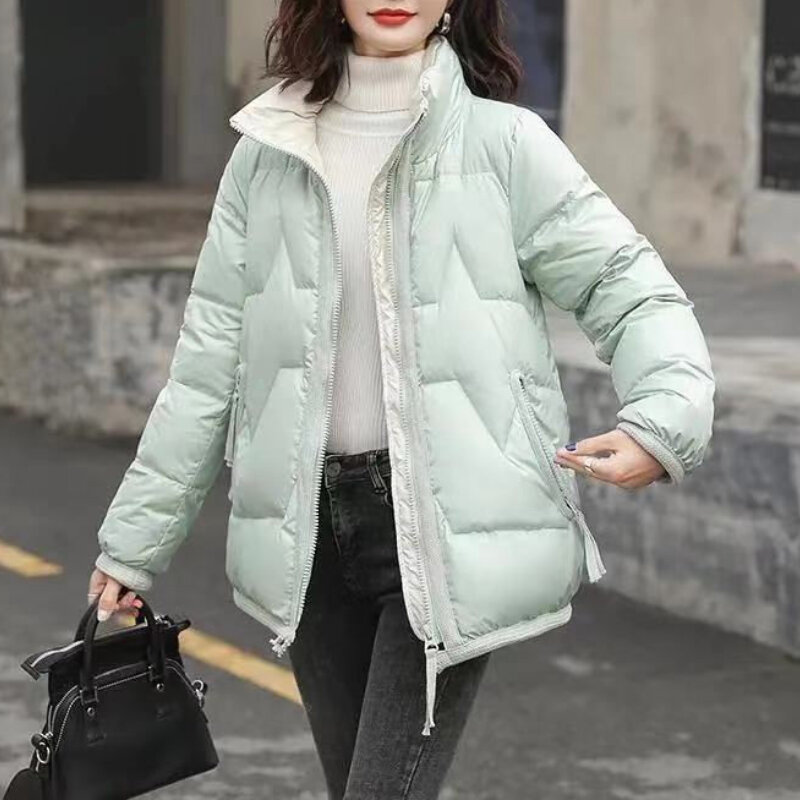 Abrigo de algodón brillante con bolsillos para mantener el calor para mujer, estilo corto, terciopelo grueso, tendencia coreana, suelto, cuello alto