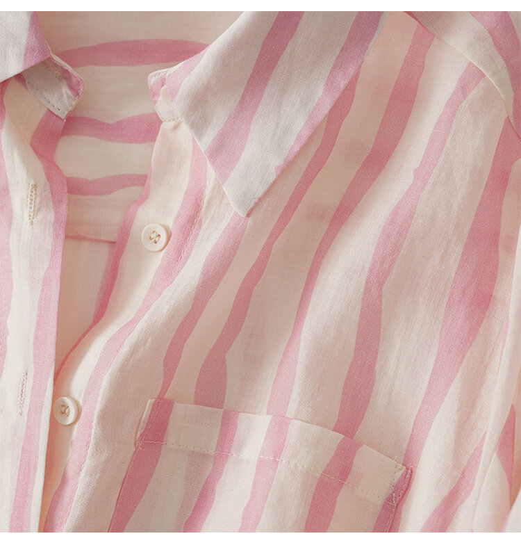 YCMYUNYAN-Blusas femininas listradas vintage, camisa feminina, camisa solta, mangas compridas, gola polo, algodão, linho, verão, novo