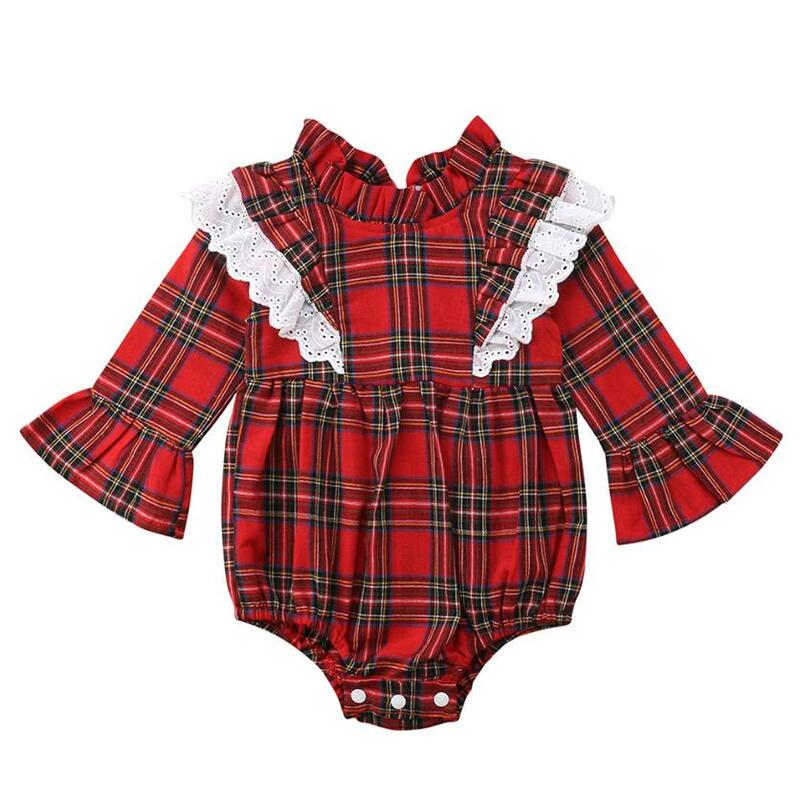 Body infantil feminino de natal, macacão de manga longa com babado e renda xadrez vermelho, roupas de bebê