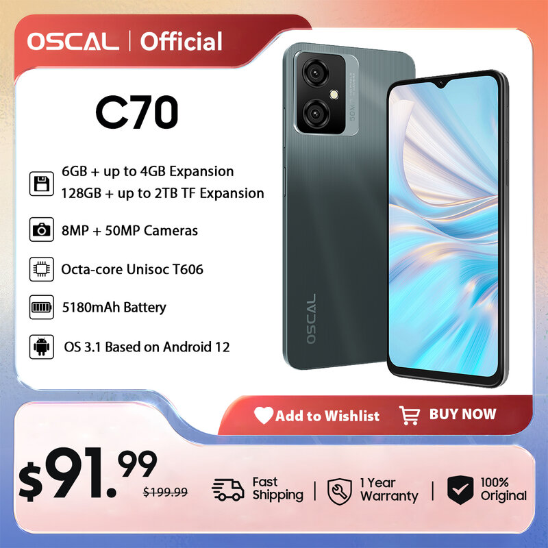 OSCAL-teléfono inteligente C70, Smartphone con pantalla HD de 6,6 pulgadas, 6GB + 128GB, T606, ocho núcleos, 5180mAh, cámara de 50MP, Android 12, GPS