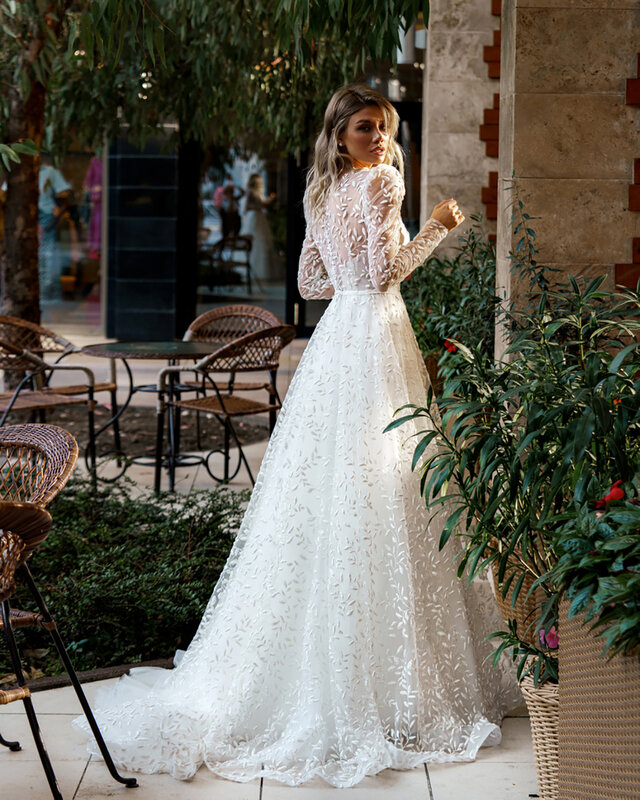 Винтажное свадебное платье с аппликацией, кружевное, ТРАПЕЦИЕВИДНОЕ, свадебное платье с длинным рукавом, на пуговицах, на заказ, с открытой спиной, со шлейфом, 2023