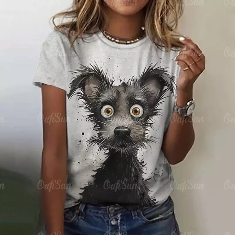 Animal engraçado 3D camiseta grande com estampa feminina, gola redonda, pulôver casual de manga curta, camisetas femininas, roupas de verão, moda