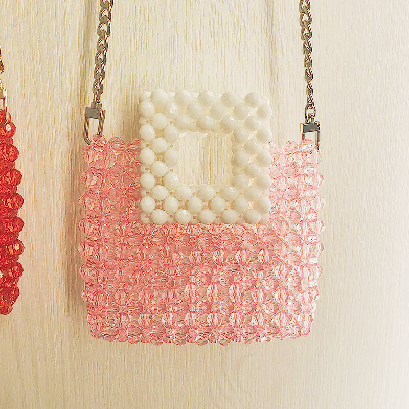 SHINE Color Matching Clear Purses Handbags Handmade Beaded Small Transparent Bags for Women Chain Retro Mobile Phone Totes