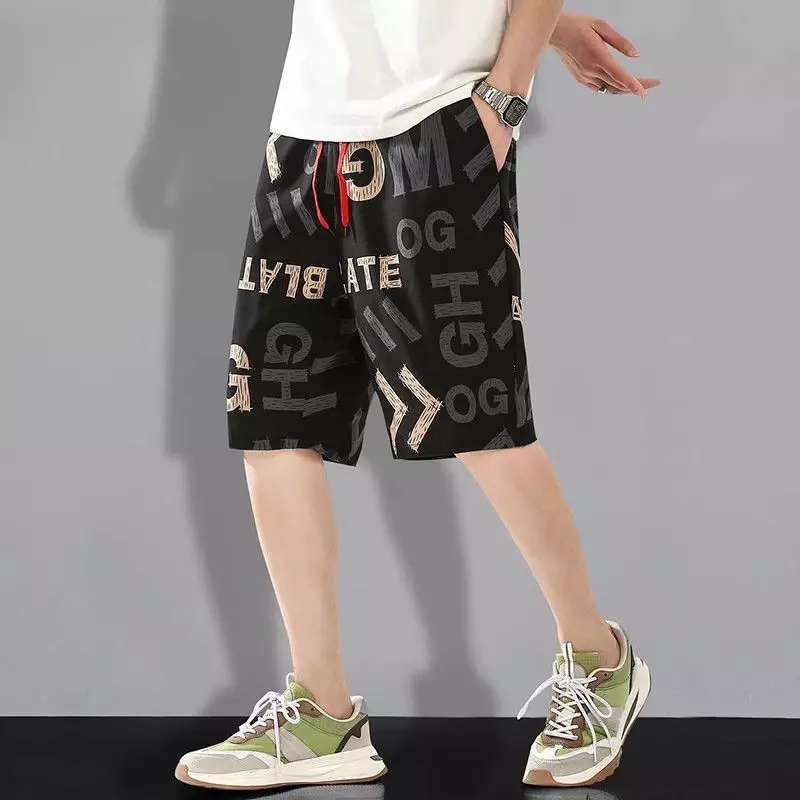 Męskie szorty z grafiką szybkoschnąca męskie krótkie spodnie plaża bez Logo stylowe cienkie nowe spodnie 2024 koreański styl moda luzem Fit