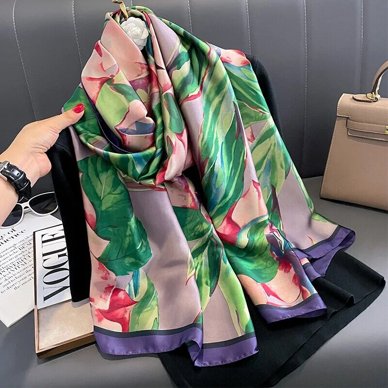Luksusowa marka Lrage jedwabny szal kobiety popularny nadruk ciepły hidżab modny projekt satynowe wykończenie szal cztery pory roku 180x90cm szaliki