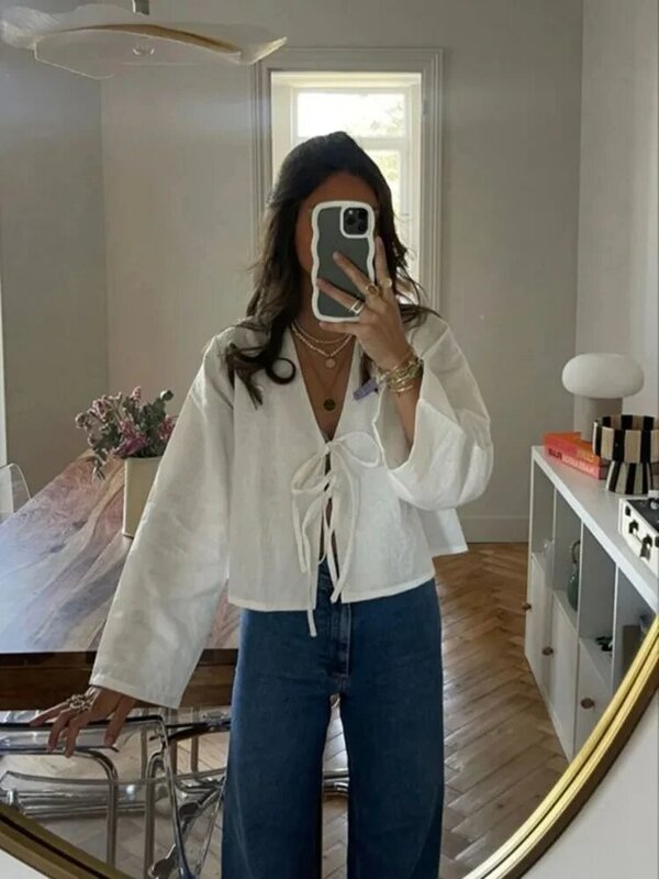Linen Lace Up Bow Shirts Women Hollow Out V Neck Flare Long Sleeve Loose Blouse 2024 Spring New Lady Casual Streetwear Tops