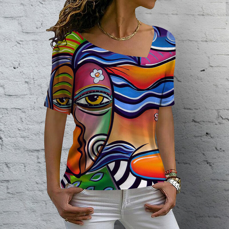 T-shirt col en V femme été décontracté surdimensionné imprimé chemise Y-adt Vintage femme Tee Streetwear Y2K manches courtes vêtements S-5XL