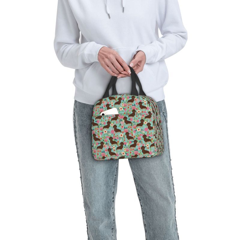 Doxie Florals-fiambrera térmica con aislamiento de Dachshund para niños, bolsa de mano para el almuerzo, enfriador reutilizable para la escuela