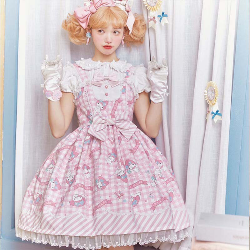 Vestido japonês Kawaii Lolita, Vestido de suspensão de coelho bonito, Miau dos desenhos animados, Lolita Jsk, Lace Princess Dress, Vestidos de festa do chá