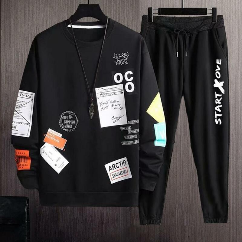 Men Jogging Suit Men's Hip Hop Letter Print Sweatshirt Trousers Set with Drawstring Elastic Waist Round Neck Long for Fall