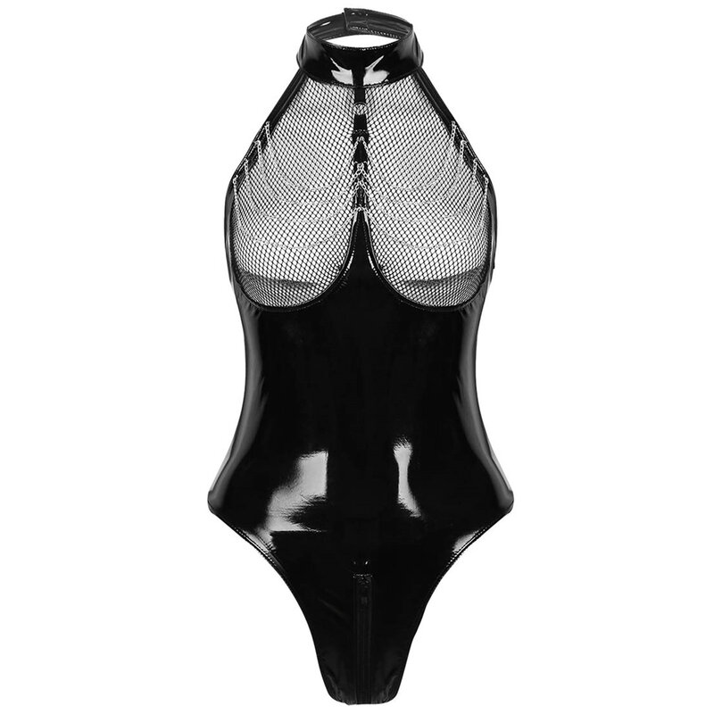 Womens Sexy Bunny Girl Cosplay Costume Patent Leather Halter Neck Sheer Mesh Chest Rabbit Ears Zipper Crotch Bodysuit Set