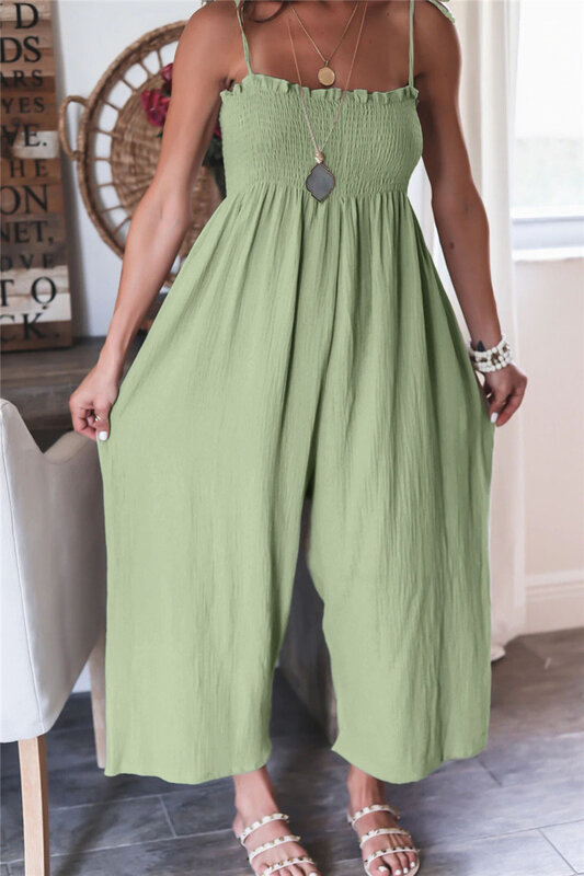 Jumpsuit Women High Waist Solid Color Suspenders Square Collar Sleeveless Pleated Tie Detail Wide Leg Jumpsuit 2023 Summer New