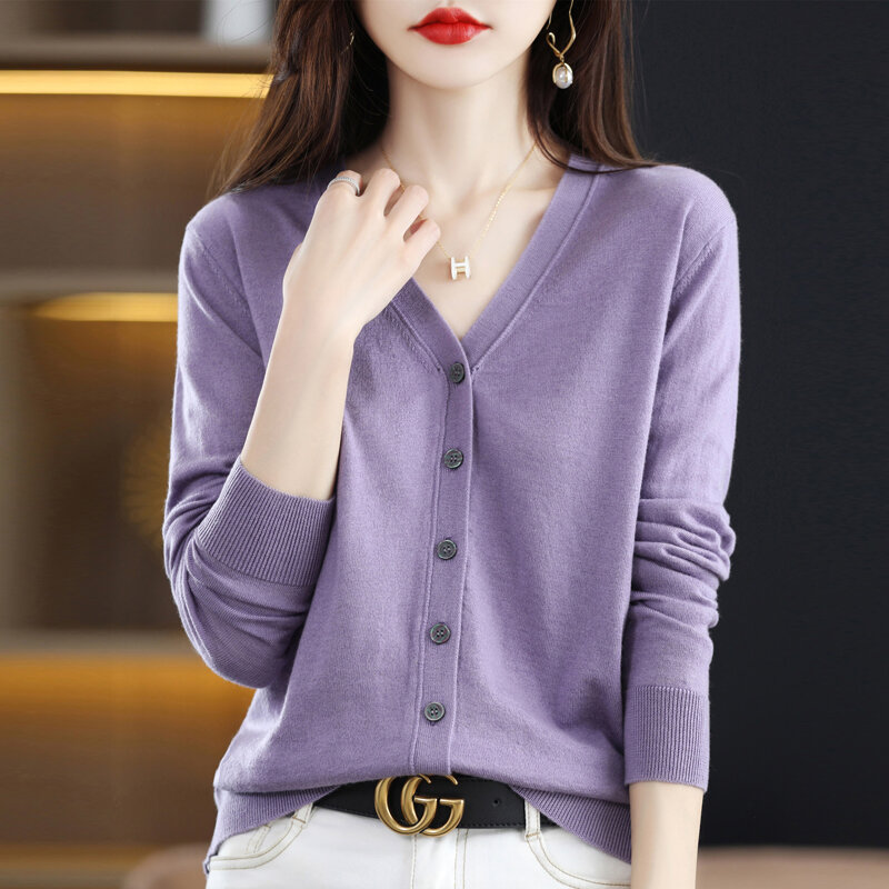 Knitted Wool Cardigan Women's Sweater V-Neck Button Spring Autumn Thin Section Long-Sleeved Fashion Temperament Coat Solid Color