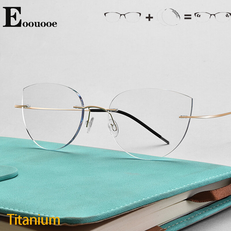 Óculos de titânio de design de marca para mulher sem aro cat eyewear design prescrição óculos anti-azul ray photochromism lente