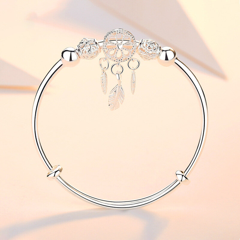 Bracelet en argent Sterling plaqué pour femme, bijou attrape-rêve, perle ronde, manchette, taille ajustable