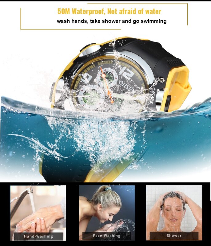 Original OHSEN Digital quartz Children Boys Sport Watches 30M Waterproof Black Rubber Band Fashion LED Swimming Wristwatch Gift