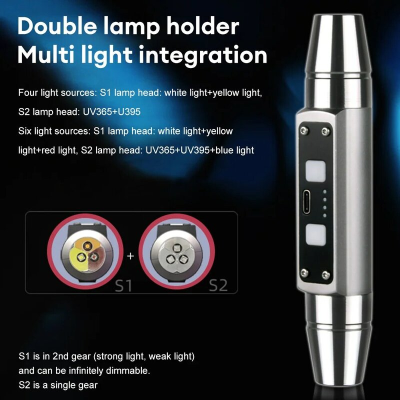 Double Head Jade Identification Light Rechargeable Gem Flashlight 6 Light Sources Detector Lamp UV Light for Emerald Jewelry