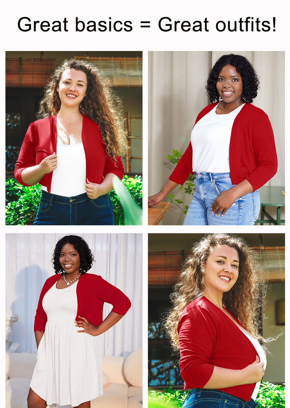 SHOWMALL Plus Size Shrug for Women 3/4 Sleeve Lightweight Cardigan Open Front Knit Cropped Bolero Sweater L-5X