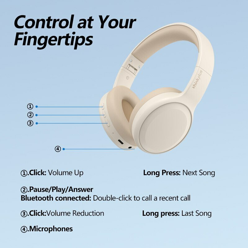 Lenovo TH30 earphone Bluetooth 5.3, Headphone nirkabel dapat dilipat untuk Gaming olahraga dengan mikrofon musik 250mAh