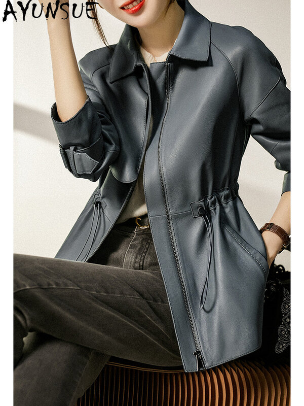 AYUNSUE High Quality Real Leather Jacket Women Genuine Sheepskin Coat Korean Style Female Leather Jackets Elegant Square Collar