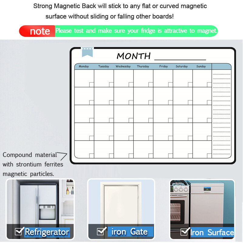 Tableau magnétique de calendrier hebdomadaire, format A3, tableau blanc effaçable à sec, autocollant de réfrigérateur, tableau de messages, Menu