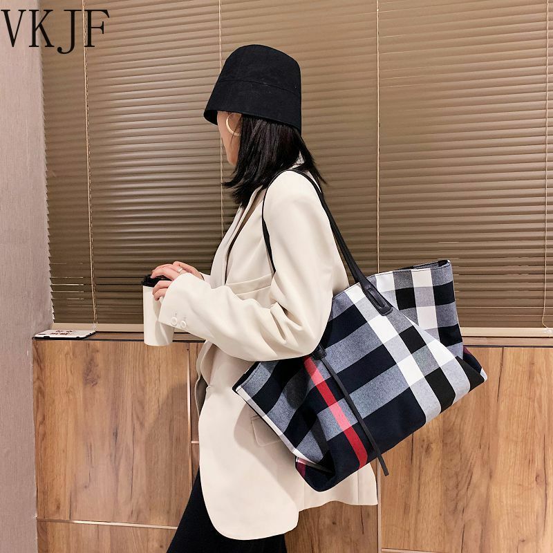 Large Capacity Women Handbag Fashion Stripe Canvas Leather Luxury Female Top Handle Bag Retro New Office Work Lady Shoulder Bag