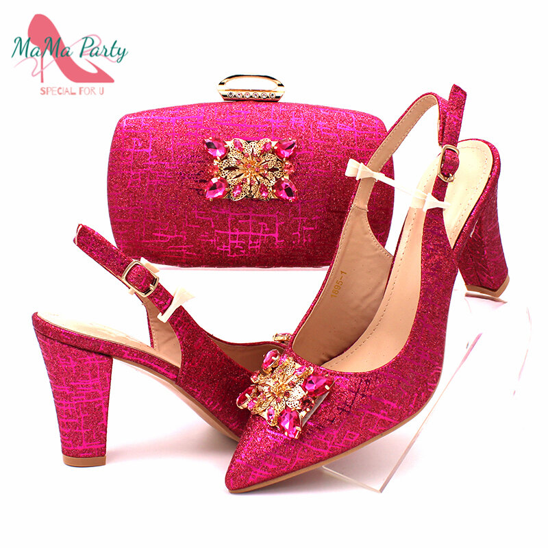 Sepatu dan tas wanita desain klasik Italia warna Fuchsia Set kualitas tinggi dengan kristal berkilau untuk pesta pernikahan