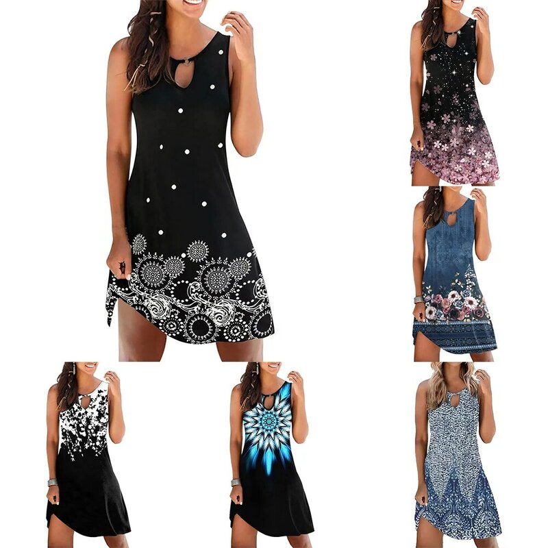 Brand New Fahion Dress Printed Skirt A-Swing Floral Print Microelasticity Printed Skirt Round Neck Sleeveless Daily