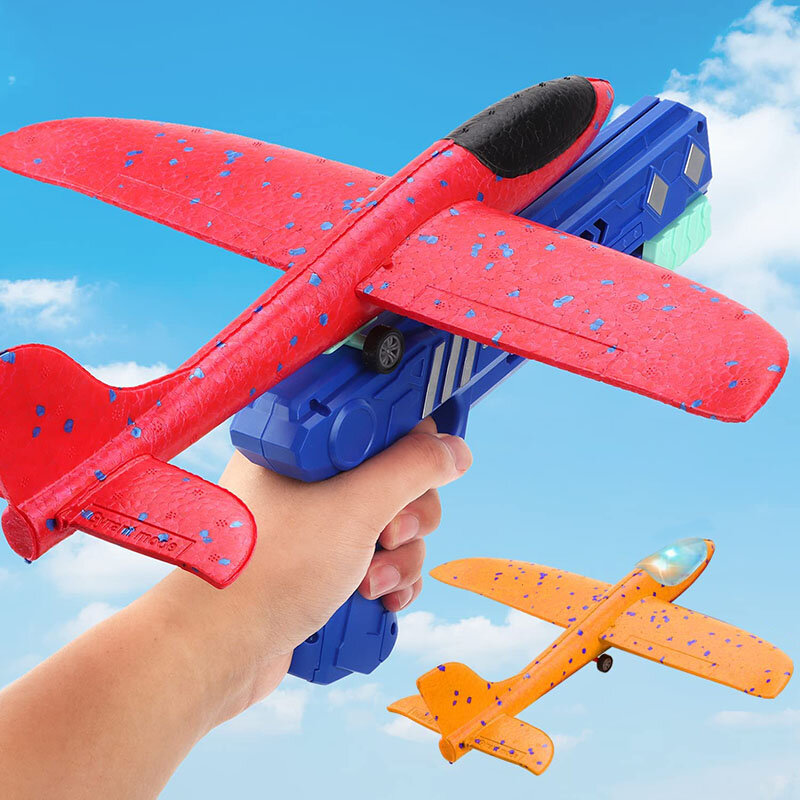 Schuim vliegtuig 10m lanceerinrichting katapult vliegtuigen pistool speelgoed kinderen buitenspelen schuim model schieten vliegen ronde speelgoed