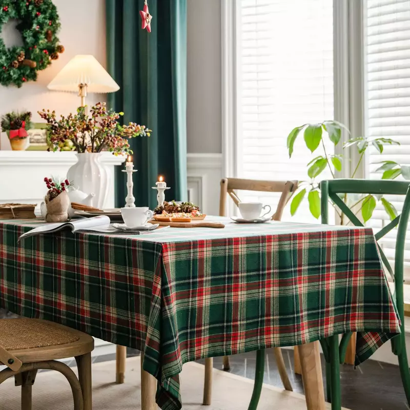 Taplak meja kotak-kotak Natal, taplak meja makan persegi panjang hijau merah, penutup meja makan Vintage untuk dekorasi rumah ruang tamu