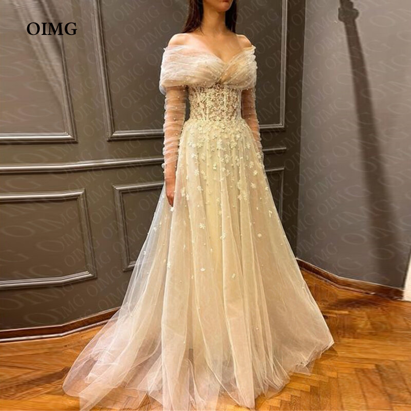 OIMG винтажные кружевные свадебные платья с длинным рукавом платья с аппликацией трапециевидного силуэта с открытыми плечами официальная цена свадебное платье для невесты