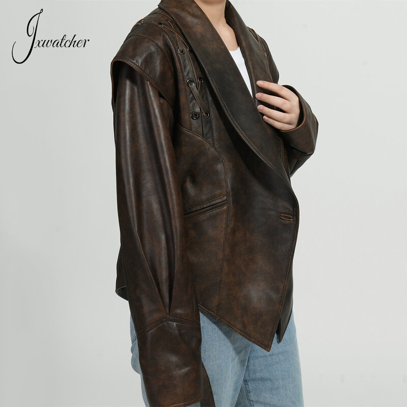 Jxwatcher-Chaqueta de cuero auténtico para mujer, abrigo ajustado de piel de oveja con cinturón, elegante, para primavera y otoño, novedad