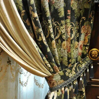Luxo de estilo europeu Chenille Jacquard costura cortinas blackout, sala e quarto Villa, palácio e vento