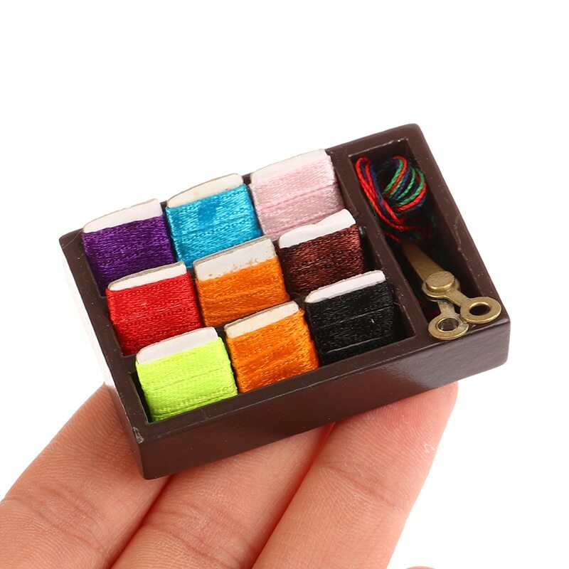 1/12 Dollhouse Miniature Accessories Mini Sewing Ribbon Box Kit With Needle Scissors Knitting Tool for Doll House Decoration