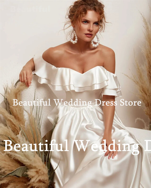 Vestido de casamento liso cetim para mulheres, pescoço de barco, ruched, linha A, estilo campestre, vestido de noiva novo, vestido simples de verão 2024