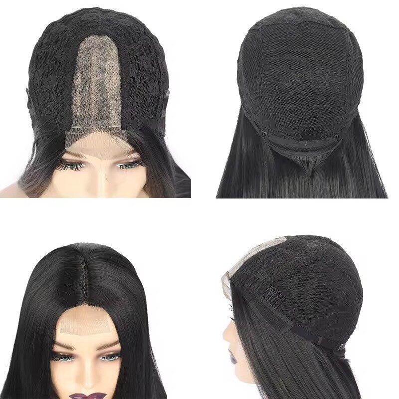 Lace front wig Glueless Lace Front Wigs with High Quality Chemical fiber Transparent lace 26inch Natural black Not easy to knot