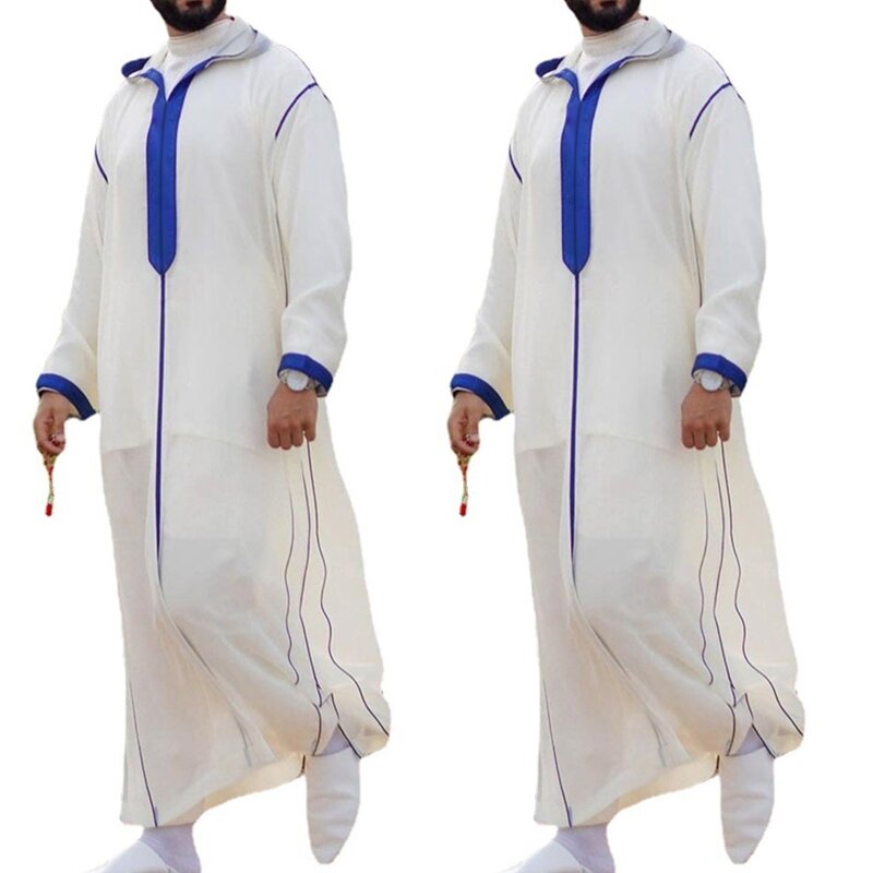 Patchwork Stand Collar Muslim Pria Lengan Panjang Thobe Timur Tengah Arab Saudi Kaftan Abaya Islam Gaun Dubai Jubah