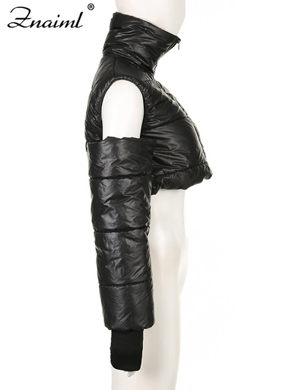 Znaiml-Jaqueta estilo motoqueiro de manga comprida feminina, casacos sexy de boate, ombro oco, parkas quentes de inverno