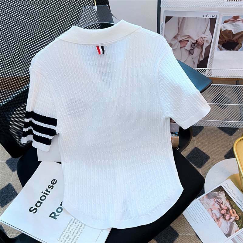 Bergaris merajut atasan pendek Pullover untuk wanita Anime kartun bordir Slim Fit T-Shirt putih Jumper Tee pakaian Y2k