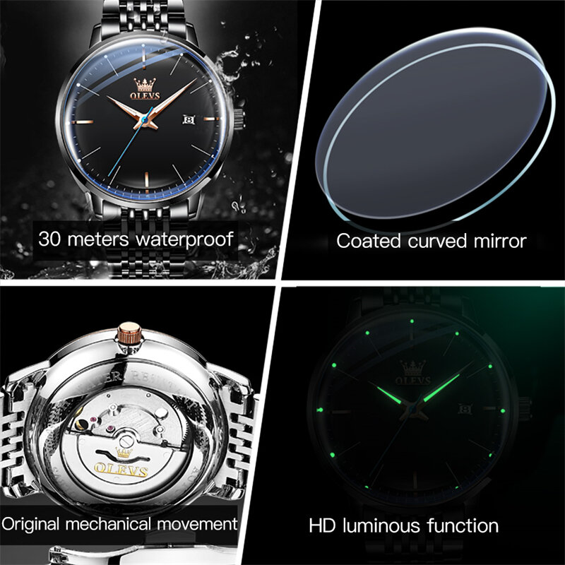 OLEVS-Relógio Mecânico Impermeável Masculino, Pulseira de Aço Inoxidável, Calendário, Relógios de Negócios, Novo, Moda