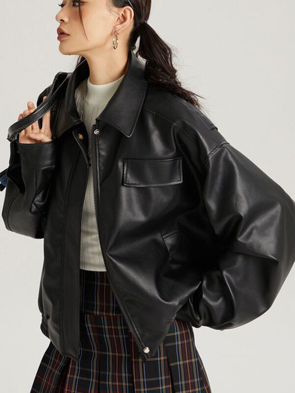 Motorrad Pu Jacke Frauen Streetwear Harajuku Frauen Biker Kurz mantel weibliche Vintage Kunstleder Taschen Reiß verschluss Outwear