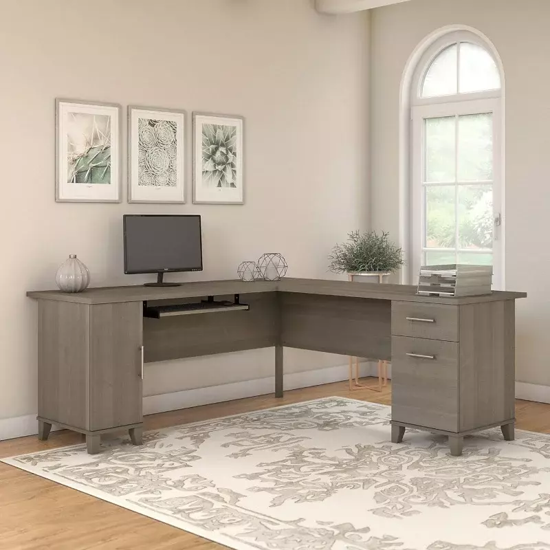 Sikat furnitur meja berbentuk L dengan penyimpanan | Meja komputer sudut untuk rumah kantor, 72W, abu-abu abu