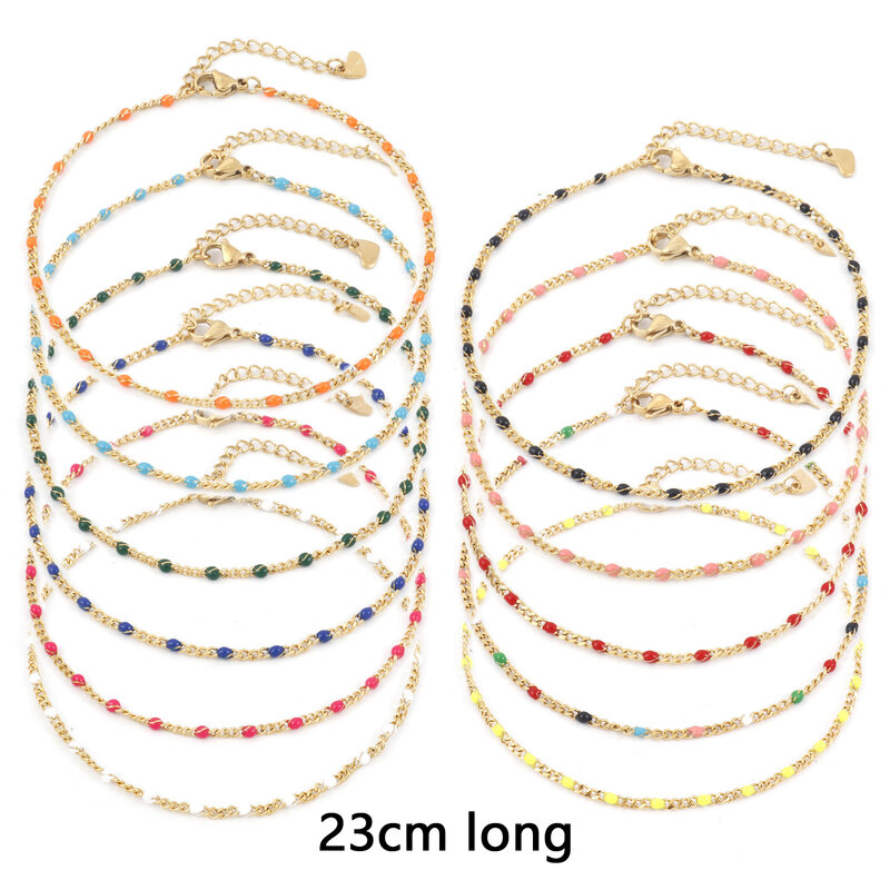 New Gold Color Curb Link Chain Anklet Stainless Steel Multicolor Enamel Bead On Foot Women Summer Anklet Women Jewelry 23cm