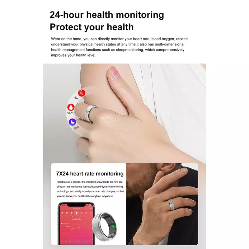 Smart Ring Heart Rate e Blood Oxygen Health Monitoring Bracelet, vários modos de exercício e funções, Sleep APP, IP68, 0,003 kg, 2024