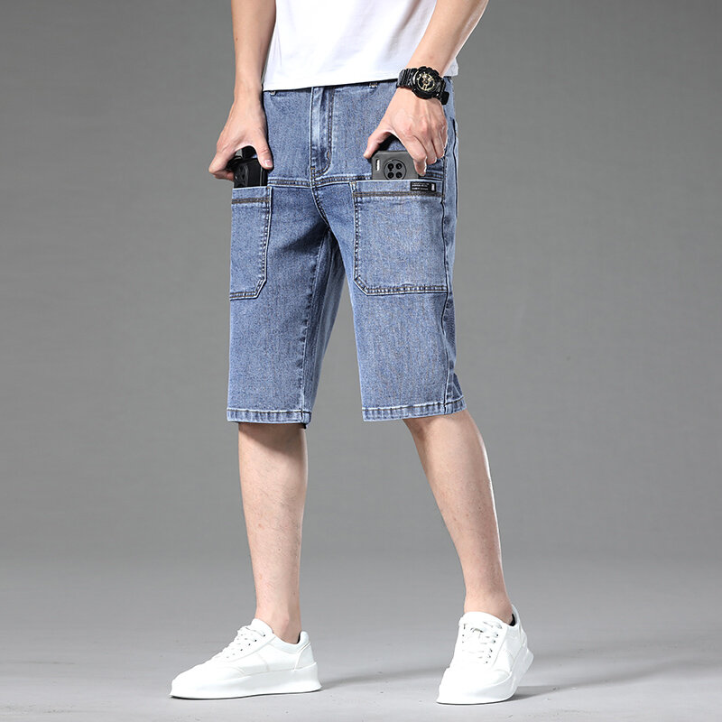 Summer Fashion Men's Denim Shorts Multiple Pockets Elastic Cotton Casual Straight Knee Cargo Pants High Quality Clothes 36 38 40