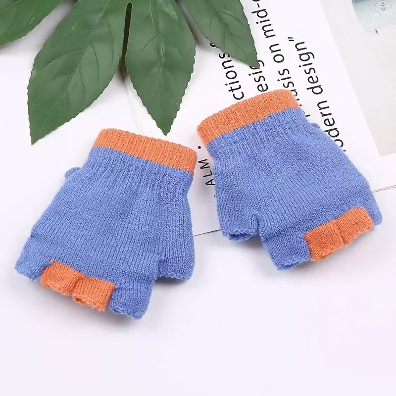 Cartoon Knit Gloves Half Finger Flip Gloves Winter Warm Kids Gloves for Boys Girls Children 3 To 6 Years Student School Writing