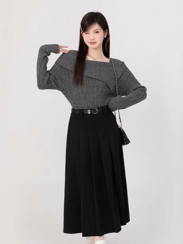 French Fashion Sweater lembut satu bahu wanita, pakaian atasan Pullover Slim Fit lengan panjang gaya malas Musim Dingin 2024