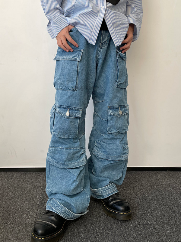 กางเกงยีนส์อเมริกาแบบย้อนยุคผู้ชาย, สไตล์ Y2K ใหม่มีหลายกระเป๋ากางเกงขายาวฮาราจูกุแนวสตรีทซักได้