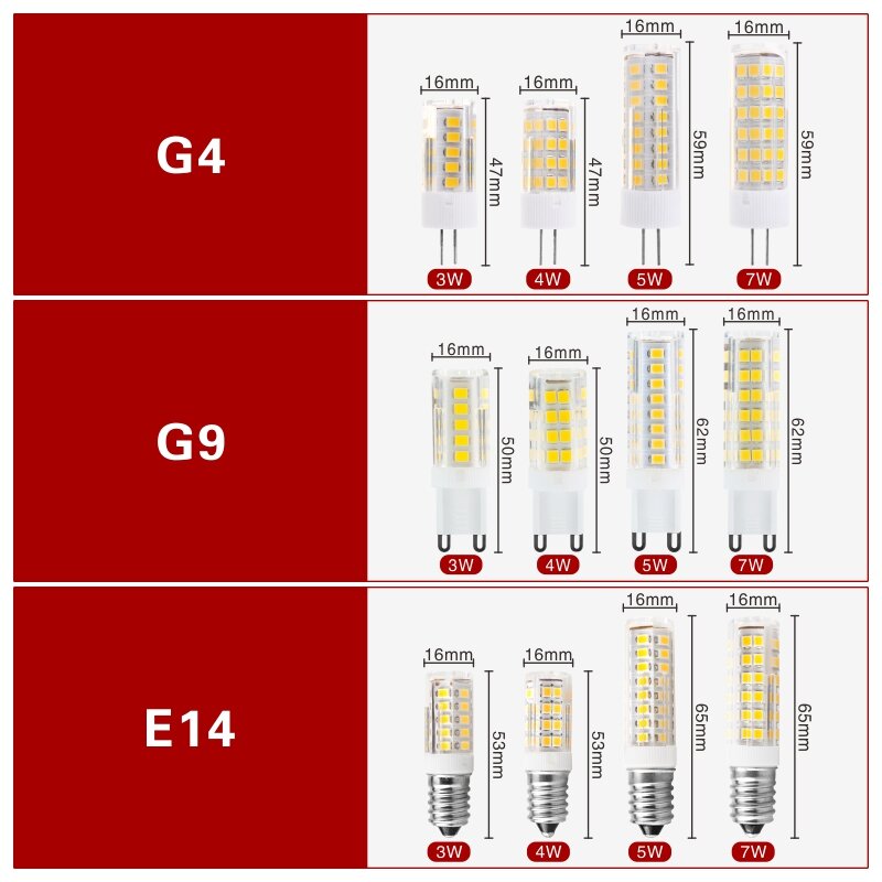 Lâmpada de milho LED para candelabro de halogênio, lâmpada LED, AC 220V, SMD2835, ângulo de feixe 360, substituir a luz, 3W, 4W, 5W, 7W, G4, G9, e14, 10 PCes por lote